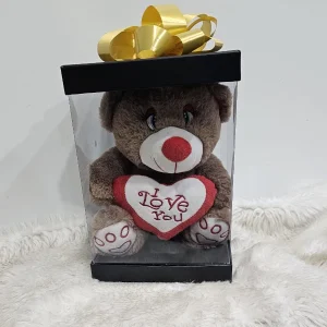 Urso de Peluche castanho com coração vermelho I LOVE YOU com Caixa